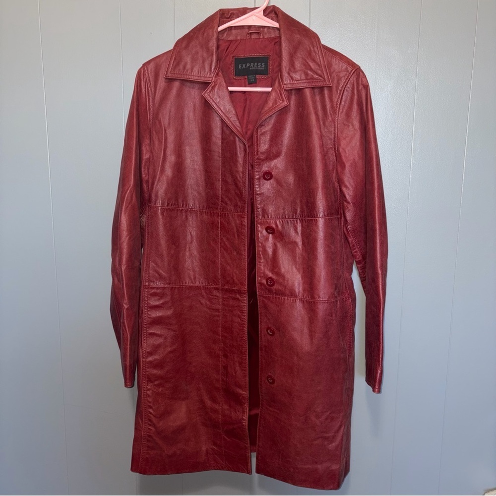 Vintage Express Red Genuine Leather Button Collared Knee Length Trench Coat 3/4